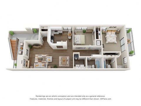 Floor plan for 2 beds, 2 baths, 1056 sqft